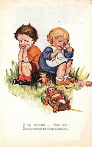 Vintage Postcard 1910's Comic Ze Sie Rozwiezc Chca Dzieciaki Childhood Quarrel