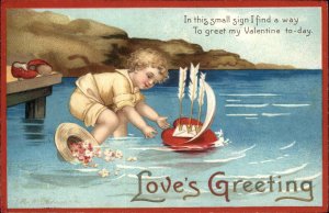 Clapsaddle Valentine Little Boy Floating Heart Ship Int'l Art c1910 Postcard