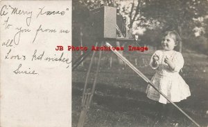 ME, Saco, Maine, RPPC, Young Girl Taking Selfie with Camera on Tri-Pod,Christmas 