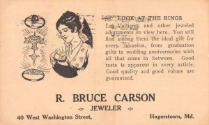 Hagerstown Maryland Bruce Carson Jeweler Lady with Ring Ad Postcard AA27890