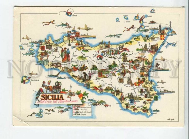 441924 Italy map of Sicily for tourists Old postcard