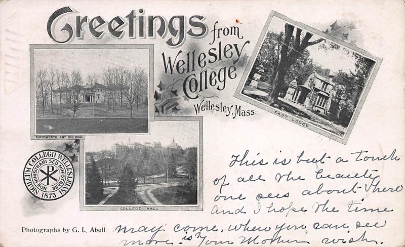 Greetings from Wellesley College, Wellesley, MA., Early Postcard, Used in 1904