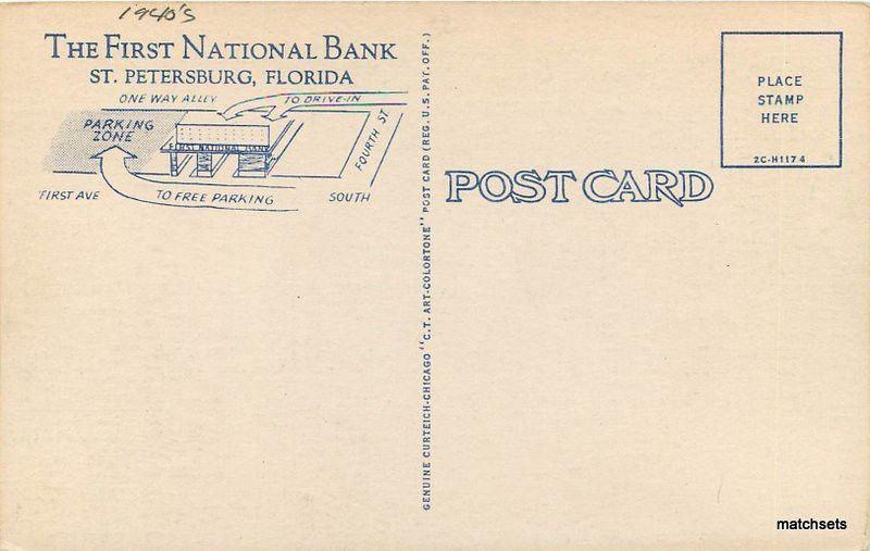 1940s 1st National Bank St Petersburg Florida roadside Teich postcard 10341