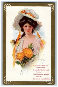 Archie Gunn Artist Signed Postcard Pretty Woman Big Bonnet Flowers 1909 Antique