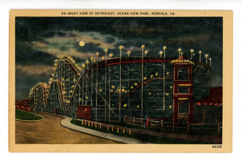 VA - Norfolk. Ocean View Park, The Skyrocket Roller Coaster at Night ca 1940's