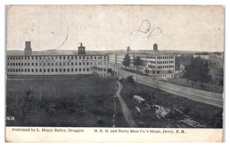 1912 H.E.H and Derry Shoe Co.'s Shops, Derry, NH Postcard