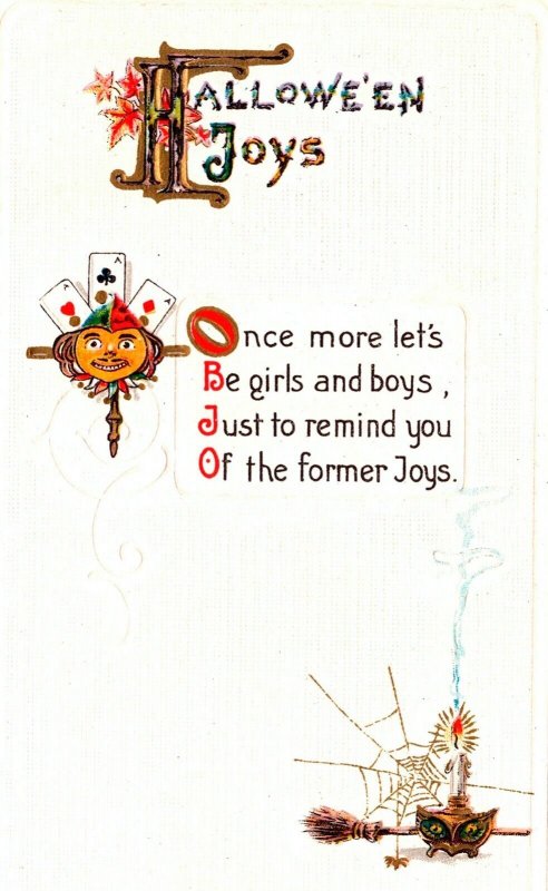 Vintage Halloween Postcard, JOL, Cards, Poker, Spider Web, Owl & Lantern UNUSUAL