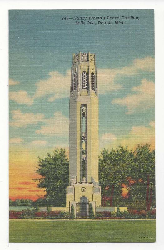 MI Detroit Belle Isle Nancy Browns Peace Carillon 1943 Vtg Linen Postcard