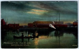 c1910s Waterloo IA Night Moonlight on River  Canoe Photo Lith Postcard A63