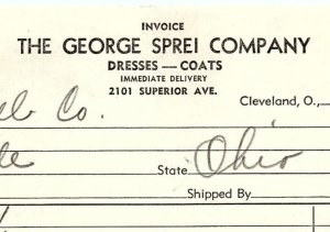 1938 THE GEORGE SPREI COMPANY CLEVELAND OH DRESSES COATS BILLHEAD INVOICE Z3505