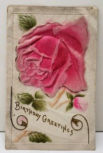 Birthday Greetings Embossed Embellished Pink Rose Postcard F3