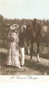 Eleganc cople and their horse Nice vintage French postcard