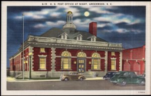 South Carolina GREENWOOD U.S. Post Office at Night older cars - LINEN