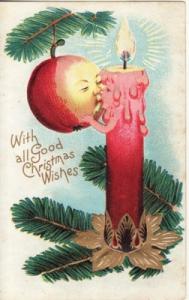 Christmas / Fantasy  CANDLE kissing APPLE on TREE  emboss...