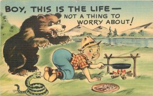 Postcard 1940s camping bear snake nothing to worry about comic humor 23-11946