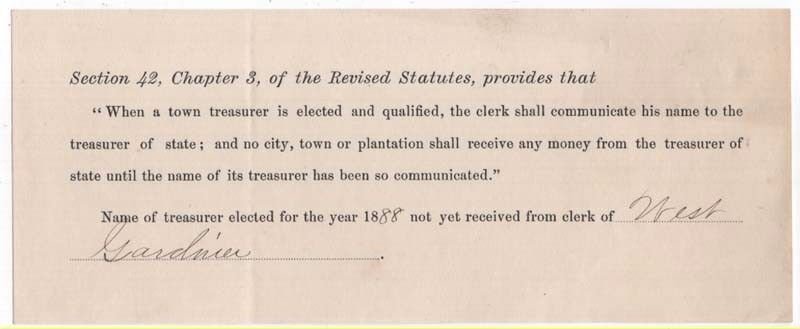 1888 Request for Name of Town Treasurer of West Gardiner, Maine