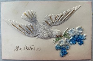 Vintage Victorian Postcard 1912 Best Wishes - Embossed Dove & Blue Posies