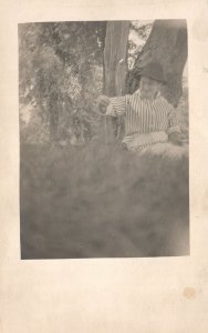 Vintage Postcard 1910's Portrait Woman with Eyeglass and Hat Sitting Under Tree