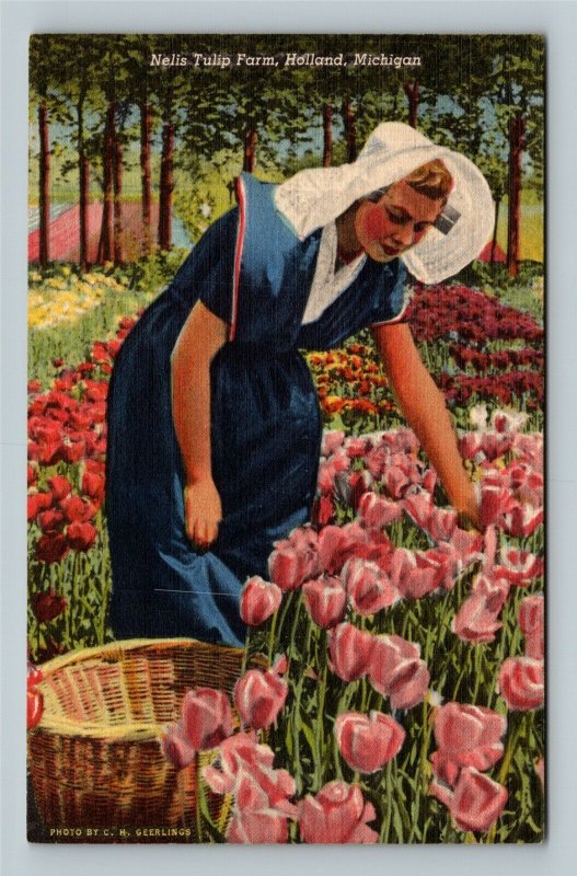 Holland MI, Nelis Tulip Farm, Dutch Maid Picking Petals, Linen Michigan Postcard