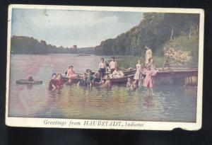 GREETINGS FROM HALBSTADT INDIANA SWIMMING VINTAGE POSTCARD BATHING BEAUTY