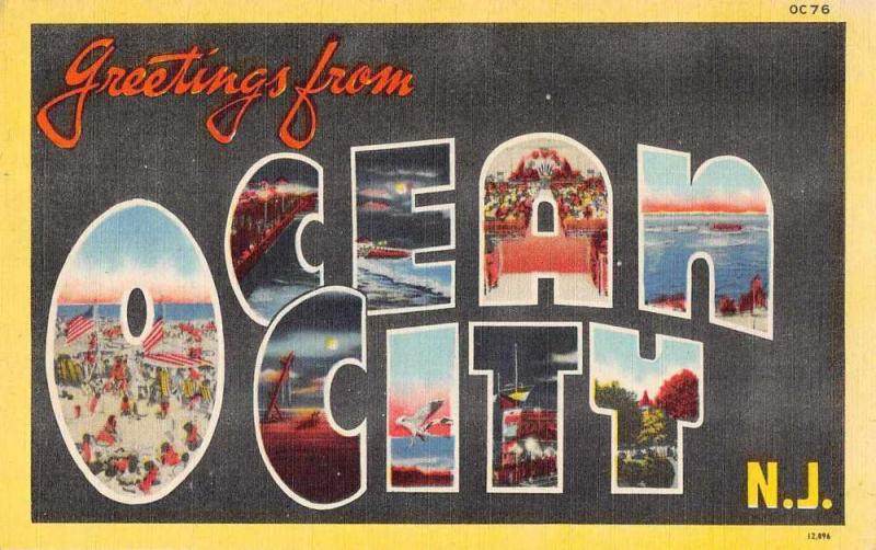 Ocean City New Jersey Greetings From large letter linen antique pc Z49813
