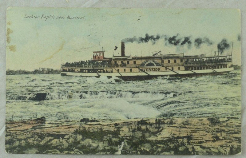 C.1900-08 Hand Colored Steamer Sovereign Lachine Rapids, Montreal Postcard P108 