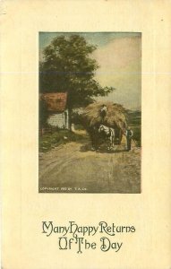 Hay Wagon Many Happy Returns of the Day 1910 Postcard by Taylor Art Co. Unused