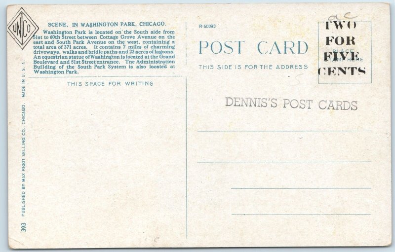 c1920s Chicago, IL Washington Park w/ Old Postcard Dealer Advertising Stamp A218