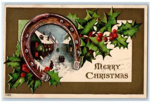 1908 Christmas Holly Berries Horseshoe Embossed Easy ND Advertising Postcard