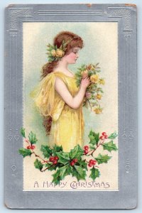 Christmas Pretty Young Girl With Flowers Holly Berries Embossed Antique Postcard