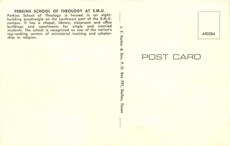 Dallas Texas 1960s Postcard Perkins School of Theology SMU Southern Methodist U