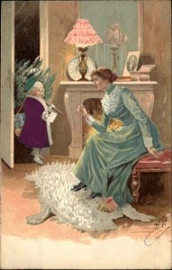 Little Girl Brings Christmas Tree to Mother Real Silk Clothing c1910 Postcard