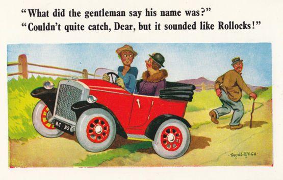 Rollocks Rude Tramp Swearing at Lovers Classic Car Field Comic Humour Postcard