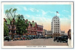 1930 Car Scene US Flag Hancock Street Quincy Massachusetts MA Vintage Postcard