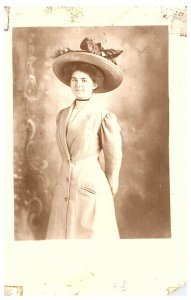 Woman w Bag Hat Long Coat Calumet Photo Studio Chicago RPPC Postcard