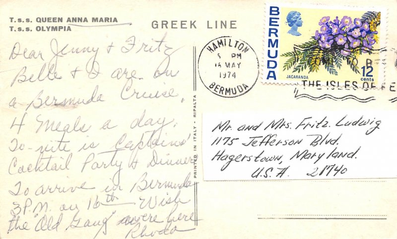 TSS Queen Anna Maria Olympia Cruise Ship Bahamas 1974 postcard