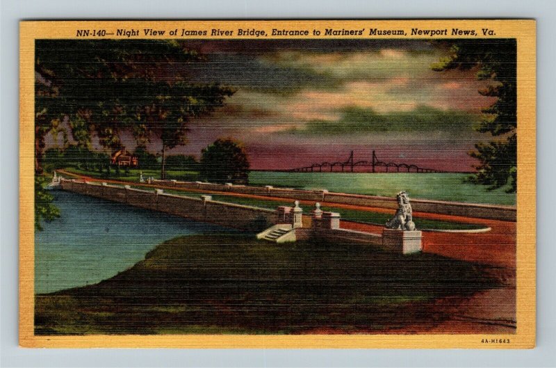 Newport News, VA-Virginia, James River Bridge At Night, Linen Postcard