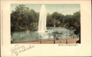 Gruss aus Wiesbaden Germany Blick in die Kuranlagen Fountain c1900 Pioneer PC