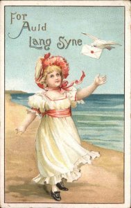 New Year Auld Lang Syne Pretty Little Girl Carrier Pigeon Vintage Postcard