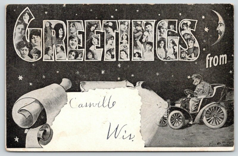 Cassville Wisconsin~Large Letter Greetings~Ladies~Vintage Auto~Man in Moon~1908