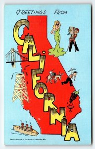 Greetings From California Steamer Ship B oat Oil Mining Postcard Map Linen Kropp