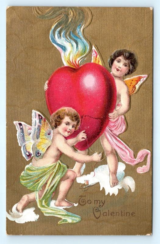 Postcard Valentines Cherubs With Butterfly Wings Sewing Patch in Heart I3