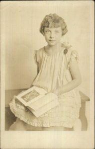 Girl Posing Reading Book c1920s-30s Real Photo Postcard 
