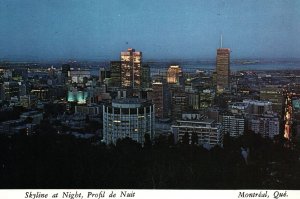 CONTINENTAL SIZE POSTCARD SKYLINE AT NIGHT MONTREAL CANADA