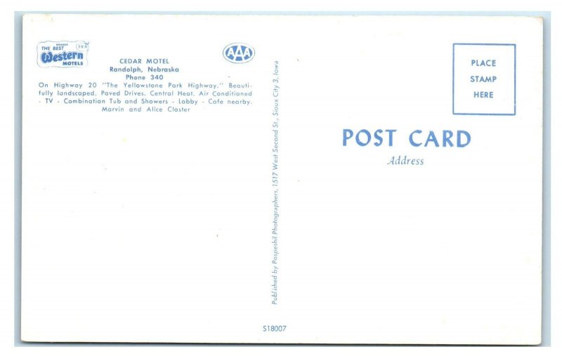 RANDOLPH, Nebraska NE ~ Roadside CEDAR MOTEL ca 1960s Cedar County Postcard