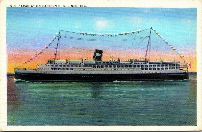 SS Acadia Eastern Lines Ship Sunset VTG Postcard UNP Tichnor Unused Vintage 