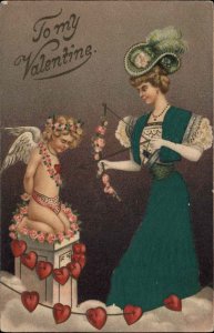 Valentine Fantasy Woman Ties Up Threatens Cupid Real Silk Dress c1910 PC