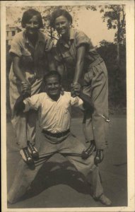 Silly Fun Pose Handsome Man Holds Two Pretty Woman on His Knees RPPC c1920s