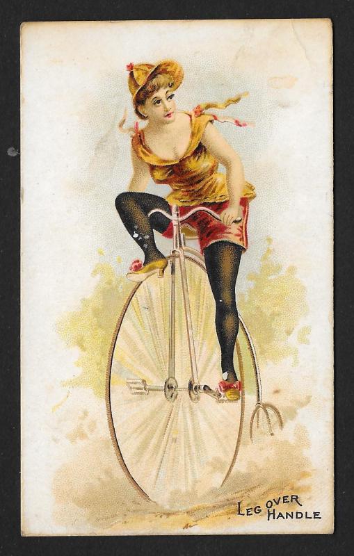 VICTORIAN TRADE CARD Gail & Ax Navy Tobacco Lady Trick Rider High Wheeler Bike