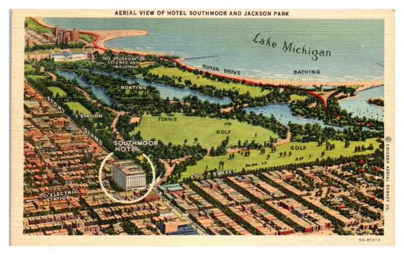 Aerial View of Hotel Southmoor and Jackson Park, Chicago, IL Postcard *5N15